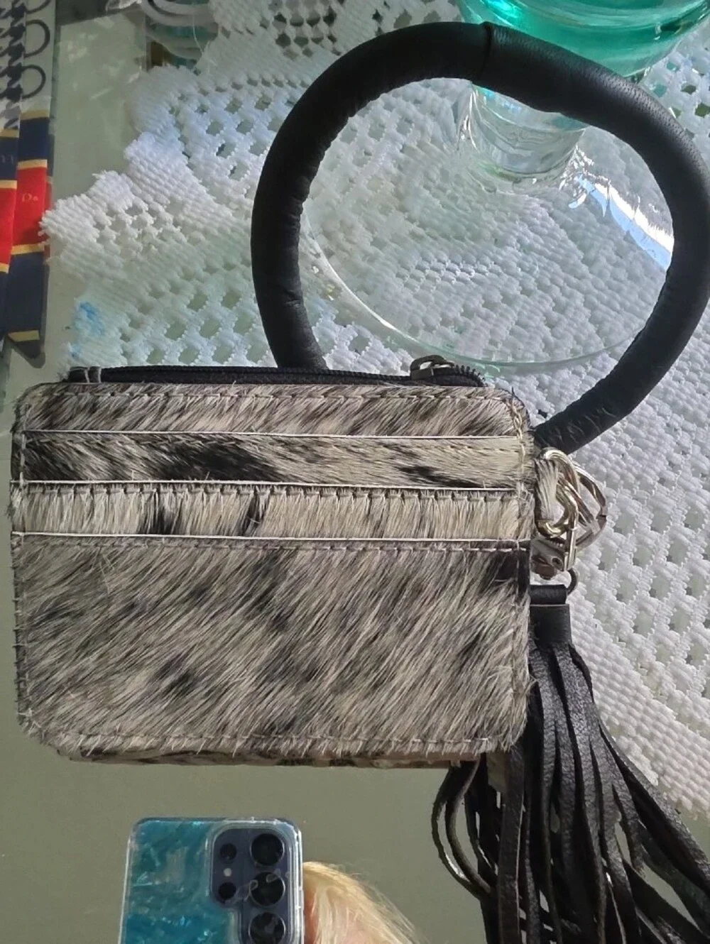 Wrangler Black and Cream Floral Embossed Wristlet Key & Card Holder With Cowhide